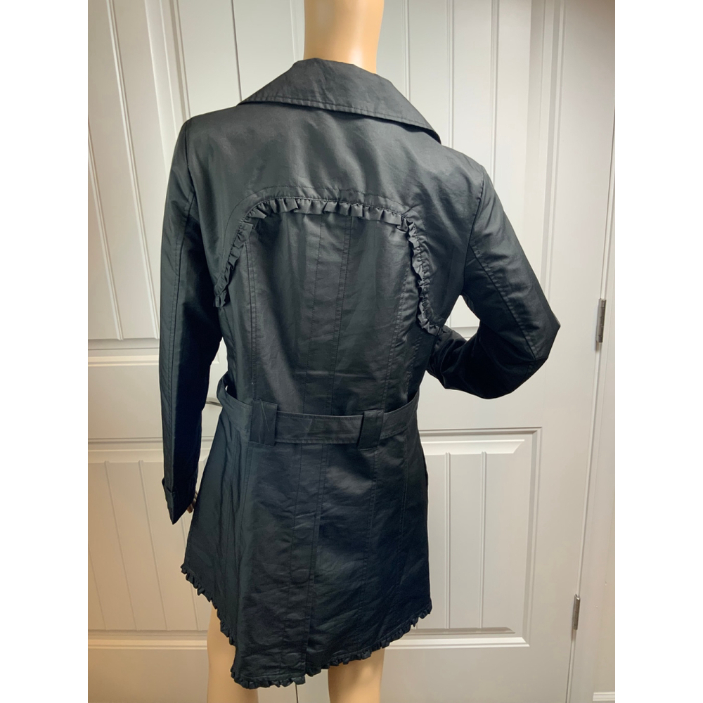 Beverly Hills Polo Club Womens Black Trench Coat Lg Belted Waist Ruffled Design - Picture 12 of 16